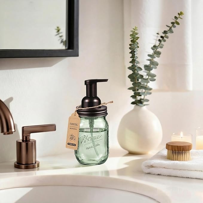 SheeChung 16 Oz Mason Jar Foaming Soap Dispenser, Stainless Steel Lid, BPA Free Pump, Green Glass Foam Hand Soap Dispenser, Refillable Liquid Foam Dispenser Bottle Bathroom Kitchen, Dish Soap-Bronze