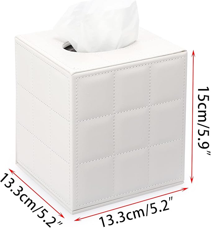 Sumnacon Square Leather Tissue Box Cover - Stylish Cube Tissue Box Holder with Magnetic Bottom, Decorative PU Tissue Box for Vanity Dresser Night Stand Table Countertop Home Office Car, Grid White
