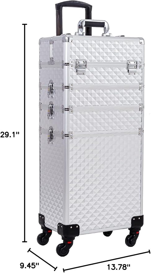 AROUS Rolling Makeup Train Case 4 in 1 Cosmetology Case on Wheels Large Storage Cosmetic Trolley with Key Salon Barber Case Traveling Cart Trunk, Silver