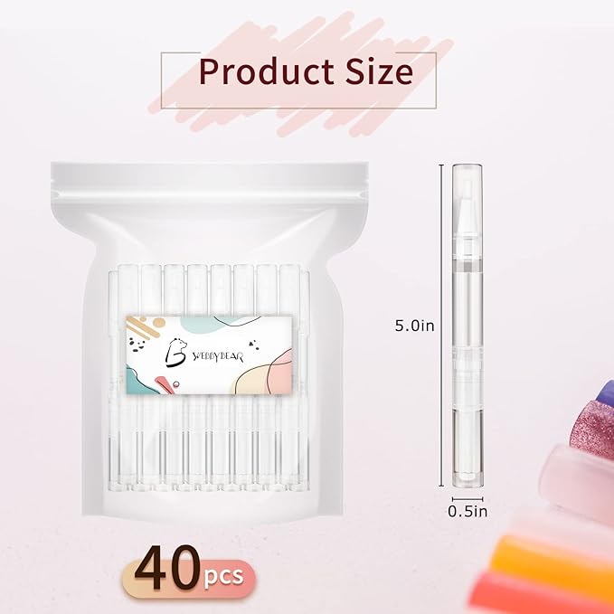 40 Pieces 3 ml Empty Cuticle Oil Pen Containers, Empty Nail Oil Pen Containers, Transparent Twist Pens with Brush Tip, Cosmetic Lip Gloss Containers, with 3 Stickers