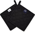 Encasa XO Heat Resistant Cotton Pot Holders with Hanging Loop - Set of 2 - Full Black - Multipurpose Quilted Everyday Hot Pad for Kitchen, Camping, BBQ & Microwave - 8x8 in