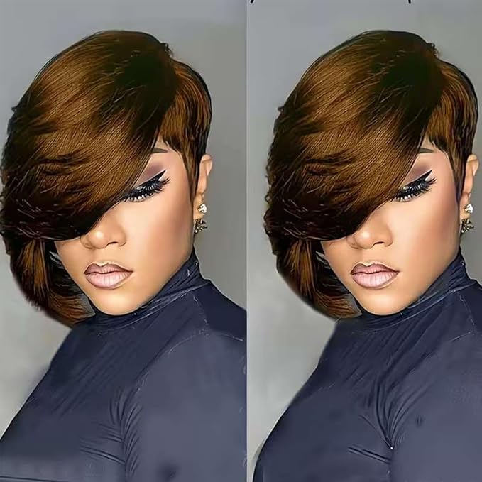 Adette Brazilian Remy Human Hair Pixie Cut Wig - #4 Dark Brown Side Part and Layered 8 Inch Short Straight Style 180% Density with Rose Net Cap for Black Women