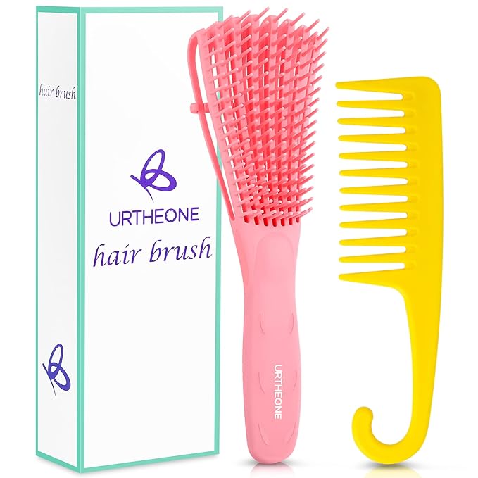 URTHEONE Detangling Hair Brush,Hair Detangler Brush and Wide Tooth Comb Set for Black Natural Curly Wet Dry Thick Straight Long Hair, Afro American Type 3a-4c