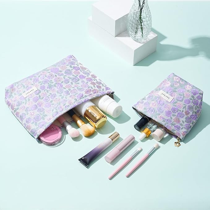 2 Pcs Makeup Bags for Purse, Large Cute Cosmetic Bag Travel Toiletry Bag Organizer for Women, Embroidery Craft Floral Makeup Bag Small Cosmetic Pouch Purse with Zipper (Purple and Pink Flower)