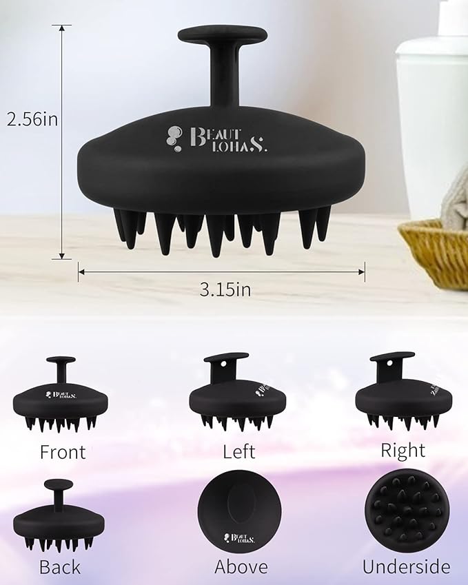 BEAUTLOHAS Silicone Scalp Massager Shampoo Brush, Shower Scrubber with Soft Bristles, Hair Growth & Dandruff Treatment, Wet/Dry Hair Massager for All Hair Types (Black)
