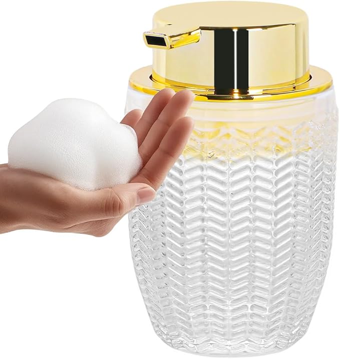 Foaming Soap Dispenser, Glass Foam Hand Soap Dispenser with Pump, 10 Oz Bathroom Refillable Liquid Lotion Pump Creamy Foam Bottle Container for Kitchen Countertop Decor (1, Clear and Gold)