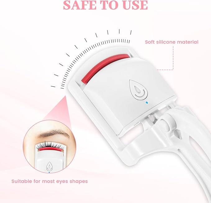 Heated Eyelash Curler, Fast Heat Up in 3s and 24h Long-Lasting Eye Lash Curler for Women, Safe Anti-Burn Heated Lash Curlers, USB Rechargeable Eyelash Curlers with Sensing Heating Silicone Pad(White)