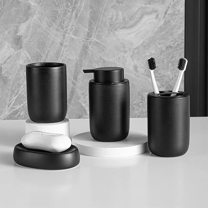 Hand Soap Dispenser for Bathroom Decro, Ceramic Liquid Pump Bottles Refillable Dish Dispenser for Kitchen Farmhouse Colleage Dorm, Matte Black