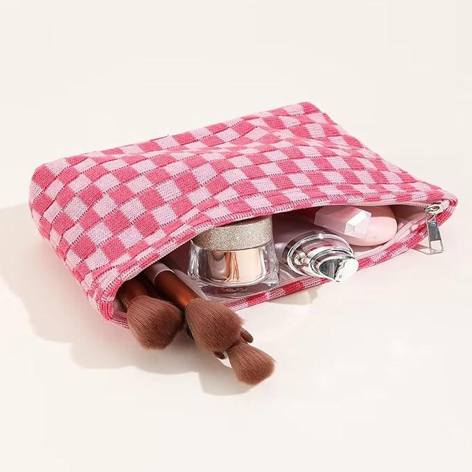 SxoSyo Cosmetic Bags for Women Makeup Bag Large Capacity Purse Travel Toiletry Zipper Storage Pouch Make up Brushes Organizer for Gifts (Chessboard, Pink)