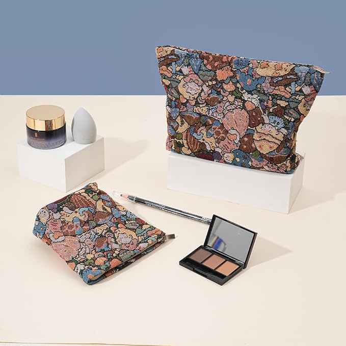 2 PCS Makeup Bag Small Cute Cosmetic Bags for Women，Floral Travel Toiletry Bag for Purse, Large Canvas Cosmetic Pouch Makeup Organizer Tool Pouch with Zipper（MushRoom Girl）