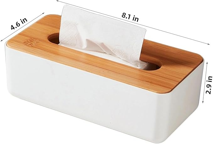 Tissue Box with Bamboo Cover, Plastic Tissue Organizer, Bathroom Tissue Dispenser for Home, Bedroom, Office, Living Room, 8.1 × 4.5 × 3.1 in (White)