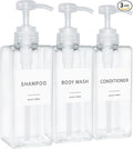 Shampoo and Conditioner Dispenser, Refillable Plastic Shampoo Pump Bottles with Waterproof Labels, Empty Body Wash Dispenser Set for Bathroom, Shower Soap Bottles (Clear, Set of 3, 16.9oz)