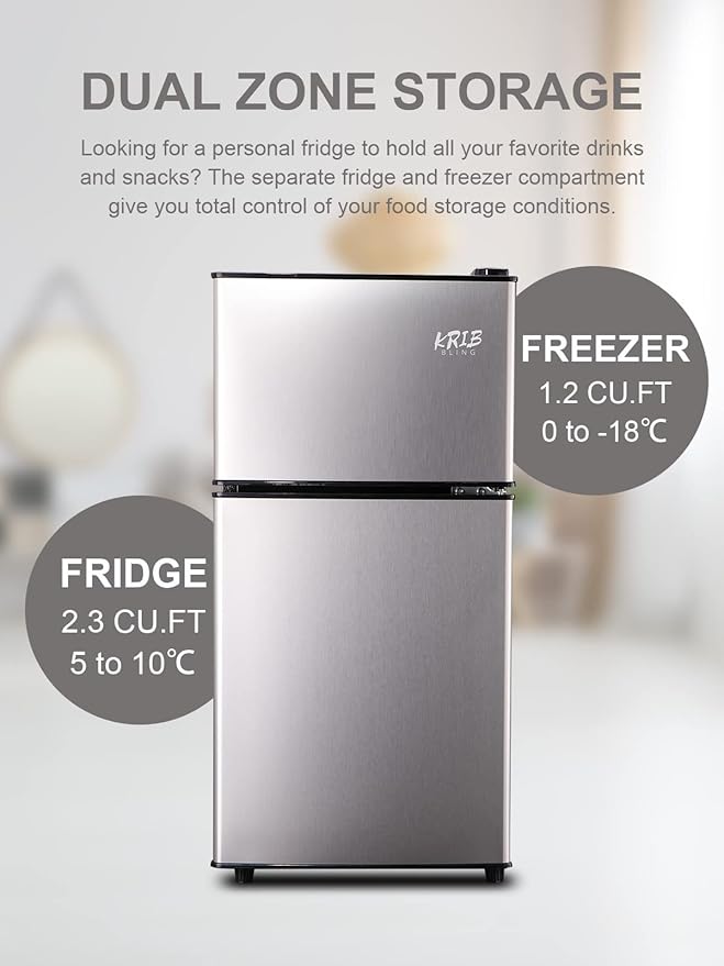 Mini Fridge With Freezer,3.5 Cu. Ft Compact Refrigerator With 2 Doors,7- Level Adjustable Thermostat, Removable Glass Shelves For Bedroom, Office, Kitchen, Apartment, Dorm, Silver