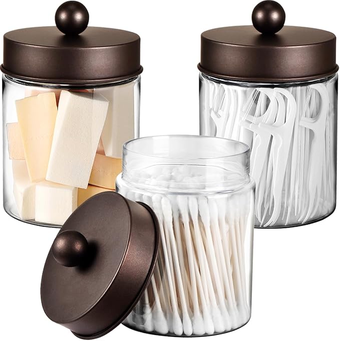 3PC Farmhouse Decor Qtip Holder Apothecary Jars Bathroom Vanity Storage Organizer -Countertop Canister Container &Cute Stickers for Cotton Swab, Ball,Pad,Floss ,Paper Clips (Bronze,Plastic)