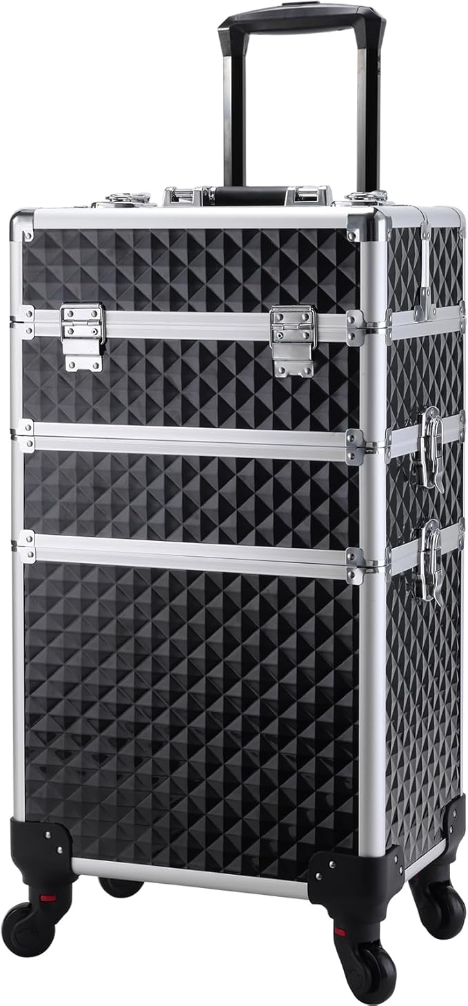 FRENESSA 3 in 1 Rolling Makeup Train Case Professional Cosmetic Trolley Large Storage with Keys Swivel Wheels Salon Barber Case Traveling Cart Trunk for Make Up Hairstylists Nail Tech, Vintage Black