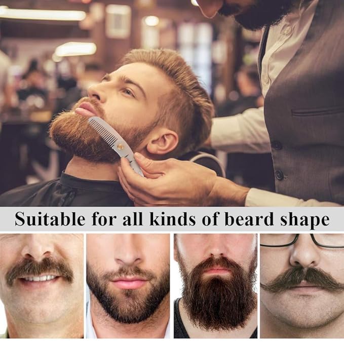 AhfuLife Stainless Steel Metal Hair & Beard Comb, Multifunctional Folding EDC Pocket Comb With Bottle Opener Fits In Keychain - Anti-Static Hair & Beard Care Comb Mustache Comb - Presented in Gift Box
