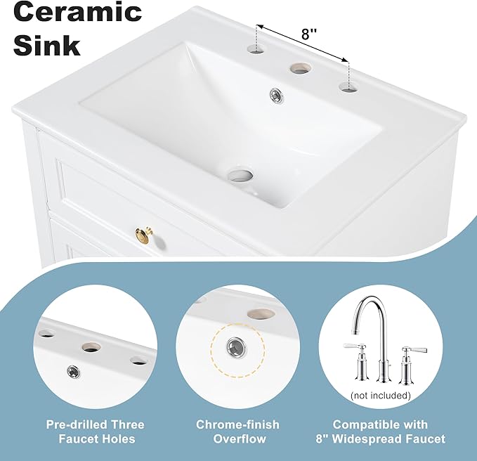 Harper & Bright Designs 24" Bathroom Vanity with Sink, Free Standing Bathroom Vanity Set with Flip Drawer, 2 Drawers, and Storage Rack, Wood Storage Cabinet with Ceramic Basin for Bathroom, White
