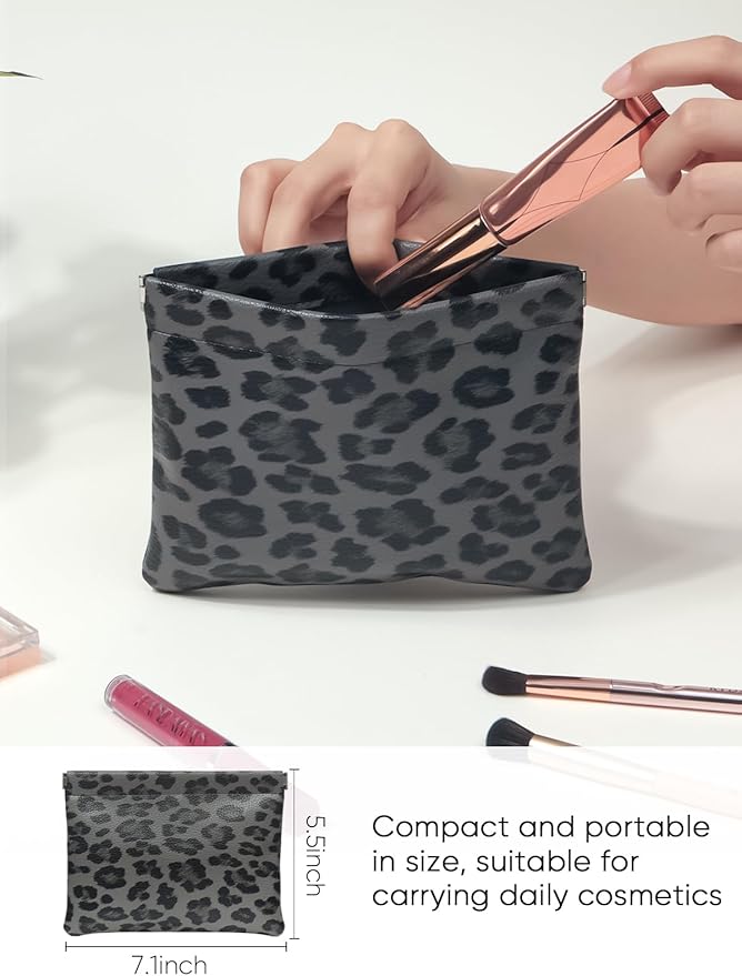 Leopard Leather Small Makeup Pouch for Women,Cosmetic Accessories Organizer,Waterproof and Portable Cosmetic Bag,Self-closing, No Zipper, Aesthetic Storage Pouch,Lipstick for Purse,Black