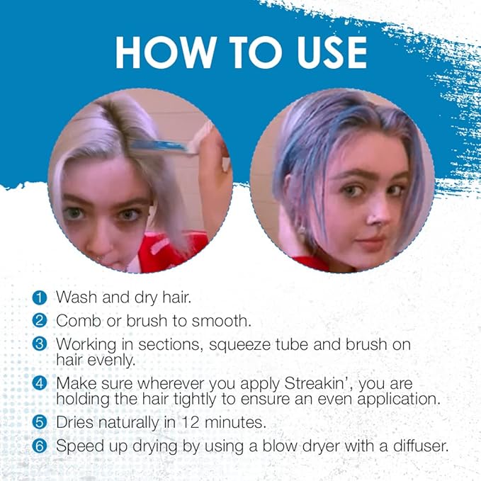 Punky Colour Streakin' Brush on Color Blue, Temporary Hair Color Creme, Instant, DIY Hairstyle, Vibrant, Soft Hold, Men Women Kids, Easy-Squeeze Tube, 1.2 fl oz