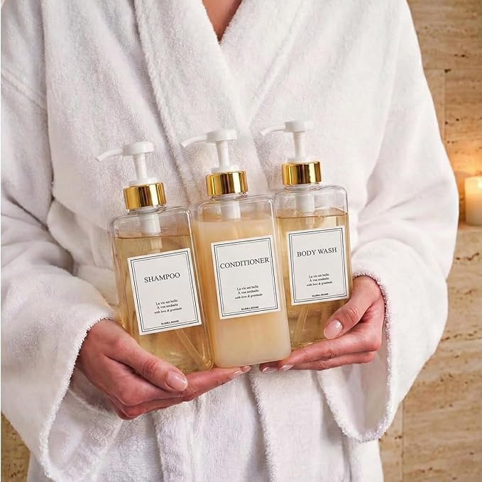 Modern Gold Design Shampoo and Conditioner Dispenser, Large 27oz Shower Soap Dispenser, Set of 3 Refillable Empty Plastic Pump Bottles for Bathroom, 6 Waterproof Labels Included, (Clear & White)