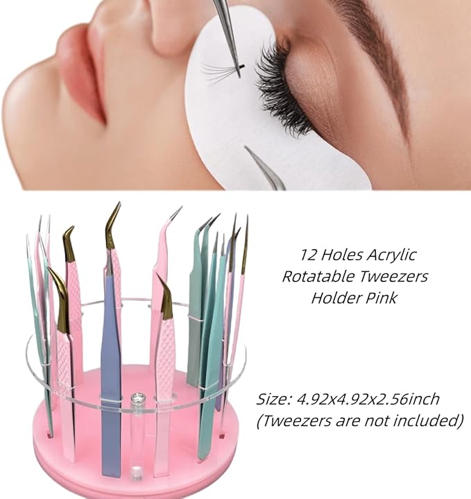 12 Holes Acrylic Rotatable Tweezers Holder, Eyelash Makeup Grafting Tweezer Display Stand Extensions Organizer Training Rack Beauty Tools (Pink)