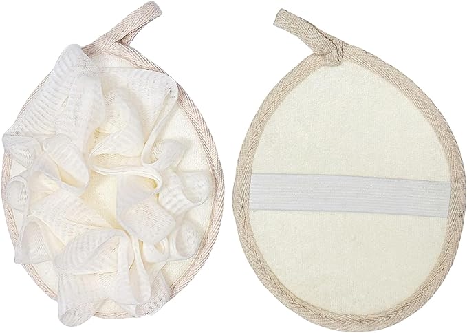 3 Pcs Bath Shower Loofah Sponge Pouf Body Scrubber Bath Scrunchies Body Wash Sponge (Beige,Green,Purple)