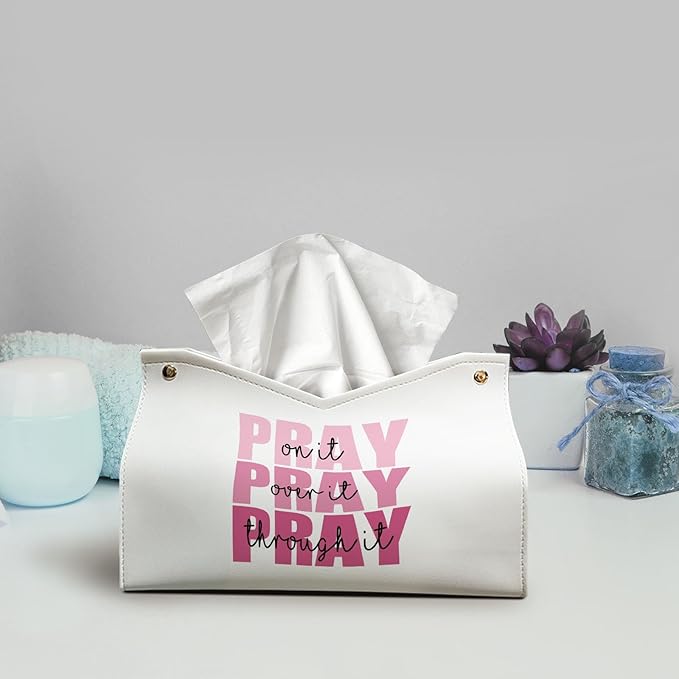 Bible Christian Tissue Box Cover Rectangle, Pink Prayer Decor Tissue Box Holder, Pray Over it Pray Through it Religious Facial Paper Case, Scripture Church Gifts for Women Home 9.8x5.9x5.9