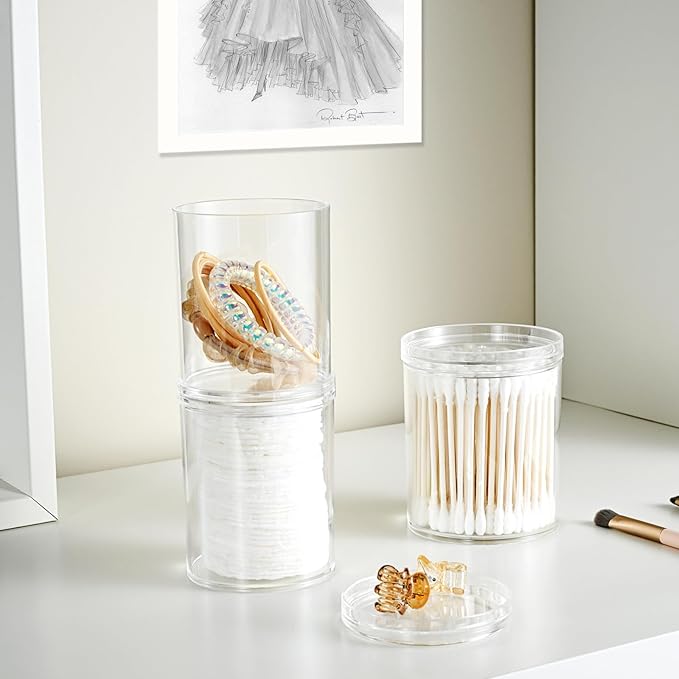 SheeChung 2-Pack Stackable Clear Qtip Holder - 10oz Crystal Apothecary Jars with Storage Lids - Clear Plastic Bathroom Countertop Organizer for Cotton Balls, Swabs, Pads - Pinterest Style Decor