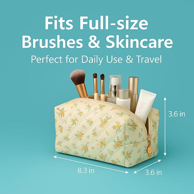 Floral Quilted Cotton Makeup Bag for Women, Large Capacity Travel Cosmetic Pouch with Zipper, Cute Toiletry & Brush Organizer, Kawaii Makeup Storage Case – Yellow/Orange Flowers