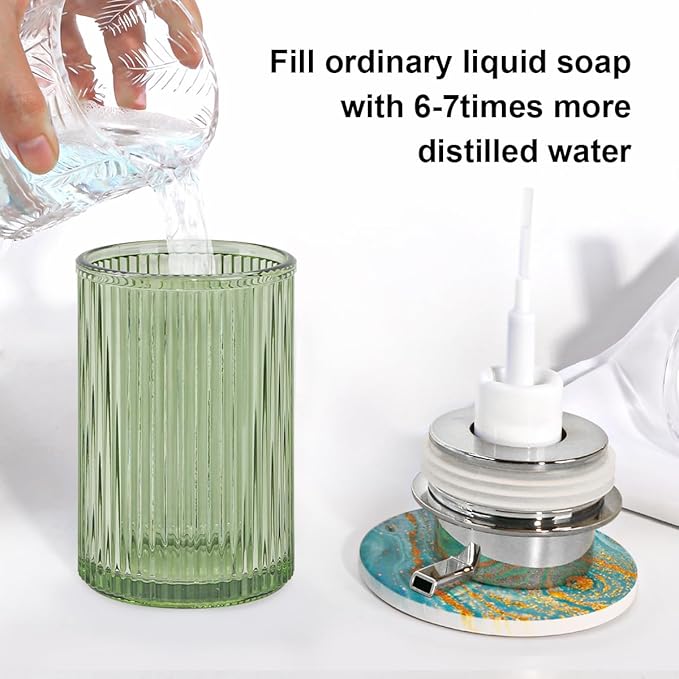 Foaming Soap Dispenser, 12 Oz Green Glass Foam Hand Soap Dispenser, Refillable Glass Foam Pump Bottle Container Decorative Slim Ribbed Bottle for Bathroom and Kitchen