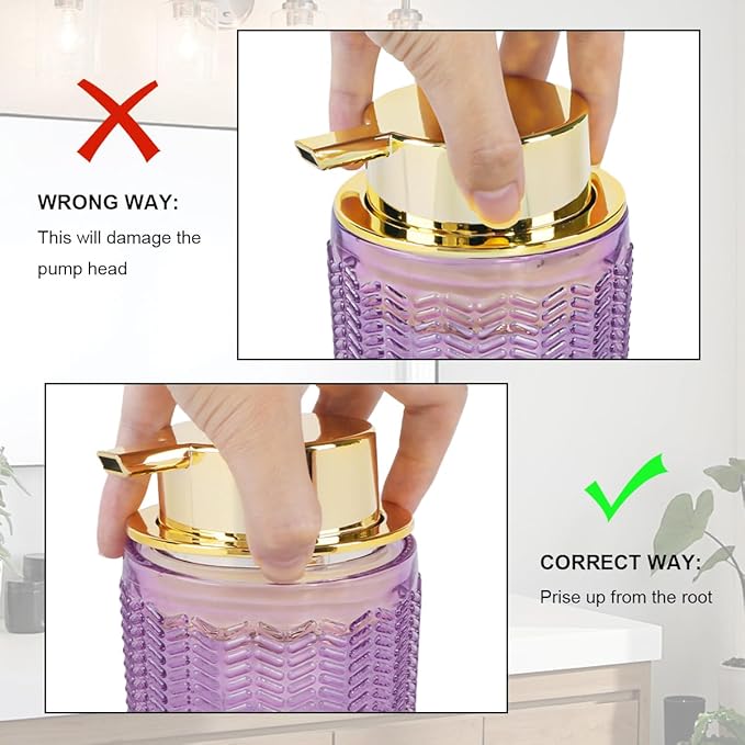 Purple Foaming Soap Dispenser, Glass Foam Hand Soap Dispenser with Gold Pump, Bathroom 10 Oz Refillable Liquid Lotion Pump Container Barrel Shape Bottle for Kitchen Countertop Decor