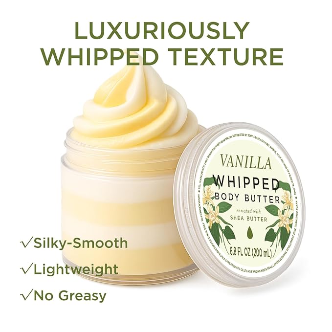Princess Belle Vanilla Whipped Shea Body Butter, Body Moisturizer for Dry Skin, Vanilla Scented Body Care, Leaves Skin Feeling Moisturized and Soft-200ml(6.8 floz)