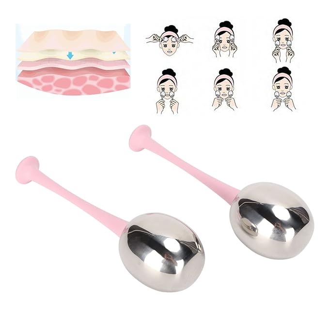 Facial Ice Globes for Face and Eyes, Stainless Steel Ice Roller Facial Massage Tool for Puffiness Dark Circles, Cooling Face Roller Skin Care Beauty Tools (Pink Handle)