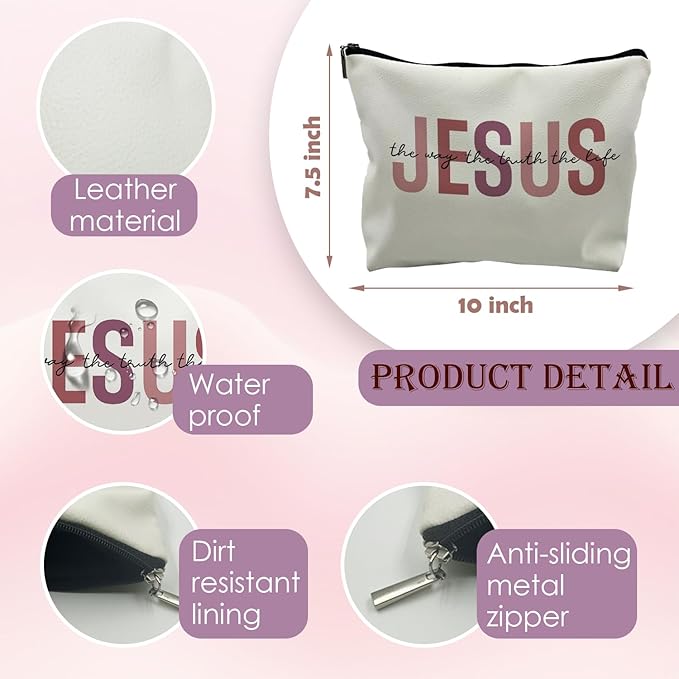 Christian Leather Makeup Bag, Jesus Cosmetic Bag, Christian Gifts for Women, Girls - Inspirational Bible Verse Bag (PU-Red)
