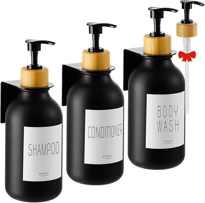 VITVITI Shampoo and Conditioner Dispenser, Body Wash Shower Soap Dispenser Wall Mounted 3 Chamber, Drill Free 17oz Plastic Shower Bottles for Bathroom, Black 3 Sets