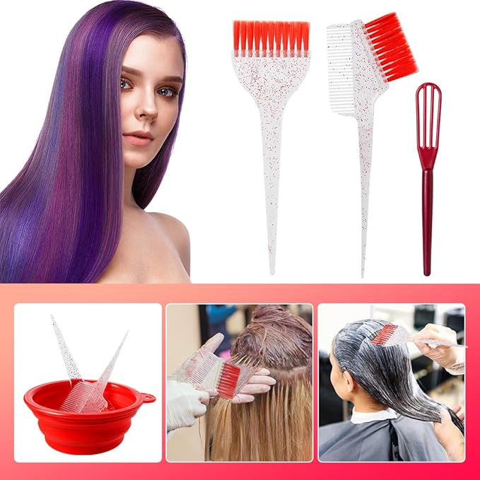 Hair Dye Color Brush and Bowl Set, Color Bowl Brushes Tool Mixing Bowl Kit Tint Comb for Hair Tint Dying Coloring Applicator (Red&Clear)