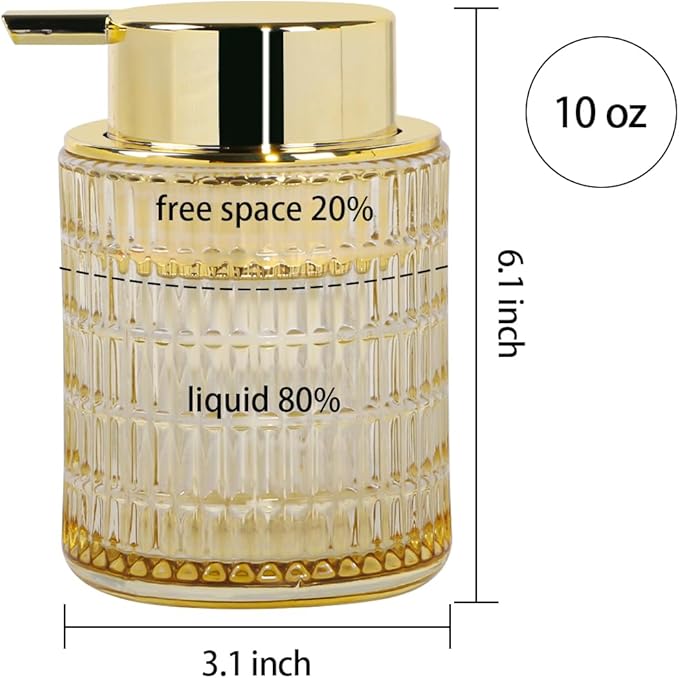 Foaming Soap Dispenser, Amber Glass Foam Soap Dispenser for Bathroom and Kitchen, 10 Oz Refillable Foaming Pump Bottle with Large Pump, Ribbed Bottle Container Decor