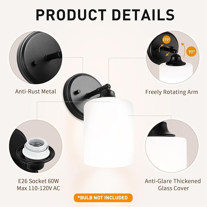 Wall Sconces Set of Two Bathroom Light Fixtures with Frosted Glass Shade, Modern Matte Black Wall Lights Vanity Lights, Sconces Wall Decor Set of 2 for Bathroom Bedroom Mirror (E26 Base)