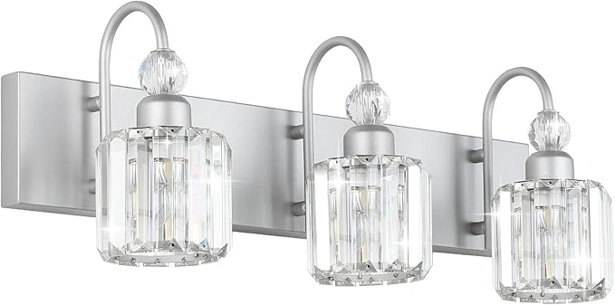 Ralbay Crystal Vanity Light - 3 Light, 24'' Modern Silver Bathroom Vanity Light Fixtures Over Mirror Wall Lights
