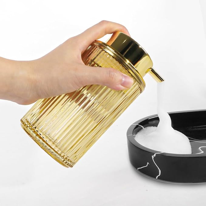 Foaming Soap Dispenser, 12 Oz Amber Glass Foam Hand Soap Dispenser, Refillable Glass Foam Pump Bottle Container Decorative Slim Ribbed Bottle for Bathroom and Kitchen