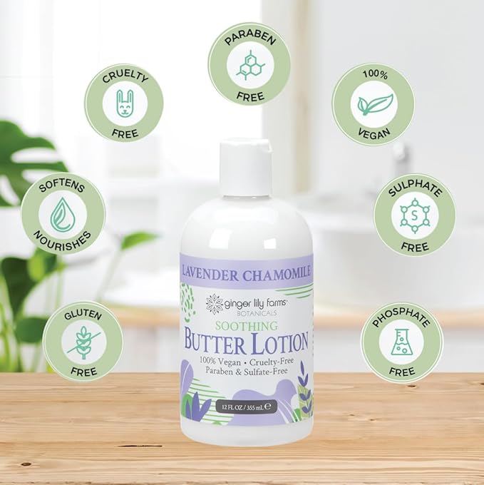 Ginger Lily Farms Botanicals Soothing Butter Lotion for Dry Skin, 100% Vegan & Cruelty-Free, Lavender Chamomile Scent, 12 Fl Oz