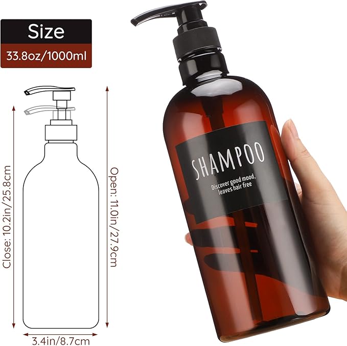 Empty Plastic Bottles with Labels, Segbeauty 33.8oz Large Brown Shampoo Conditioner Reusable Dispenser, 2 Packs of 1000ml Refillable Shower Lotion Pump Press Bottles for Bathroom Hand Soap Body Wash