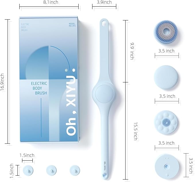 Electric Body Brush Back Scrubber for Shower, Waterproof Long Dual Handle Power Body Scrubber with 3 Heads, Bath Brush & 2 Speeds, for Cleansing, Exfoliating and Massaging Skin, Sky Blue