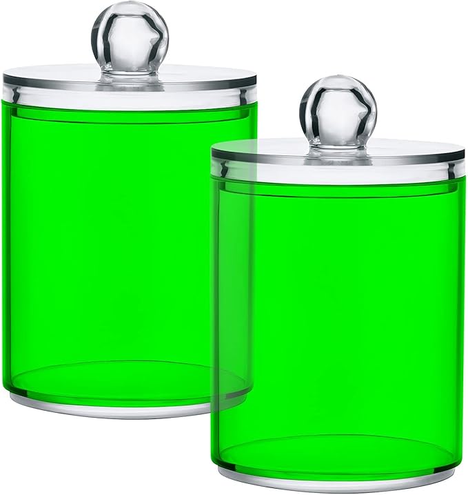 Green Qtip Holder Organizer Dispenser Cotton Swabs Cans Plastic Jars with Lid Set 4 Pack Bathroom Storage Canister for Cotton Ball Floss Cotton Pads