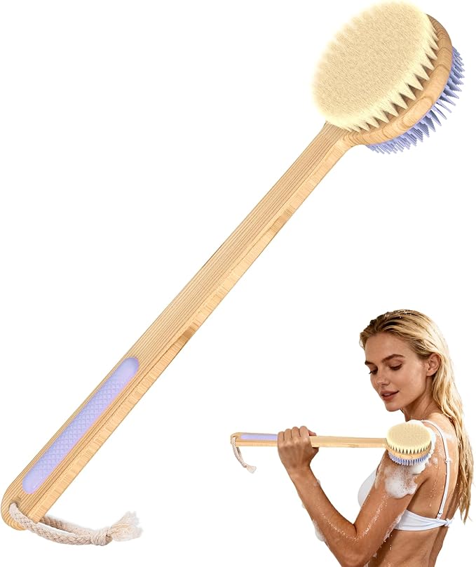 Back Scrubber for Shower - Double-Sided Silicone and Super-Dense Bristles for Deep Cleaning & Exfoliation, Bamboo Long Handle with Wider Anti-Slip Grip, Body Exfoliator for Wet or Dry Brushing