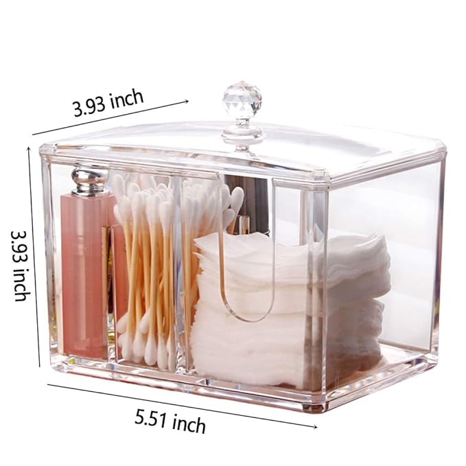 Qtip Cotton Pad Holder Dispenser Cotton Ball and Swab Storage with Lid Clear Acrylic Cotton Round Organizer, 4 Sections