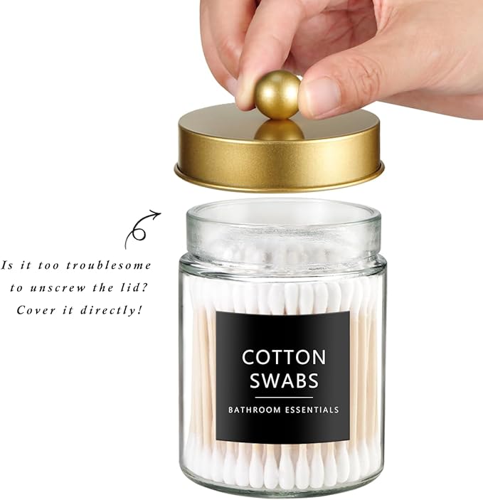 SheeChung Qtip Dispenser Holder 3pcs, Glass Apothecary Jars with Stainless Steel Lids &Stickers, Countertop Canister Guest Bathroom Storage Organizer Set for Cotton Swabs/Balls, Floss Picks(Gold)