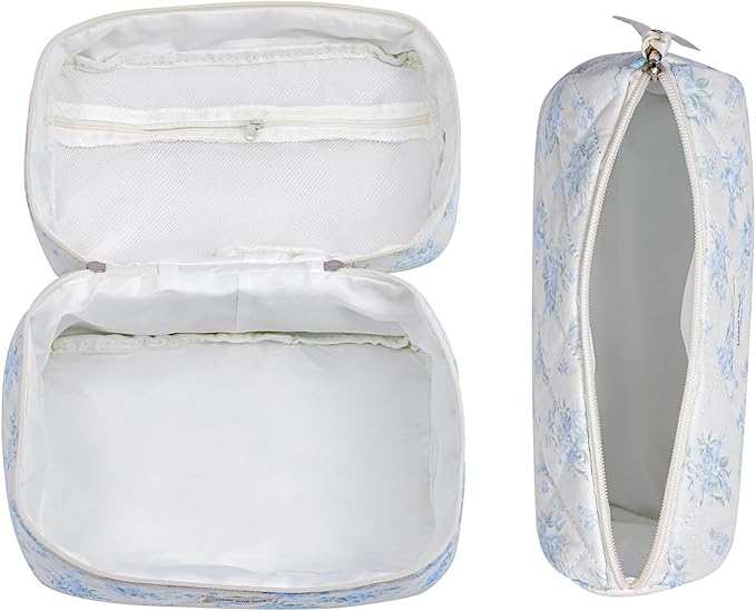 uekeboag 3Pcs Quilted Cotton Makeup Bag,Coquette Quilted Toiletry Bag for Women and Girls,Floral Coquette Pouch,Cute Kawaii Travel Cosmetic Bags(3Pcs Little Pink Bow)