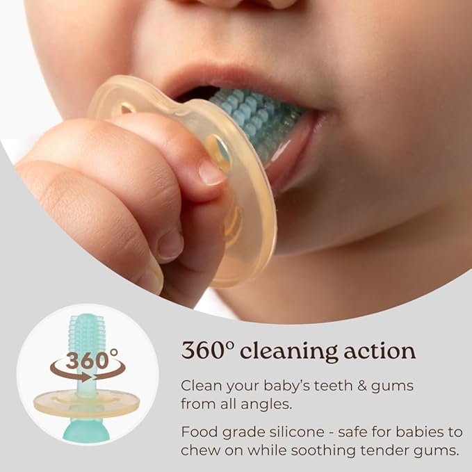haakaa 360° Silicone Baby Toothbrush – 100% Soft Food Grade Silicone, BPA-Free, Suction Base, Safe for Babies 6 Months+, Gentle Gum and Teeth Cleaning for Infants, Gum Massager (Bubble Pink)