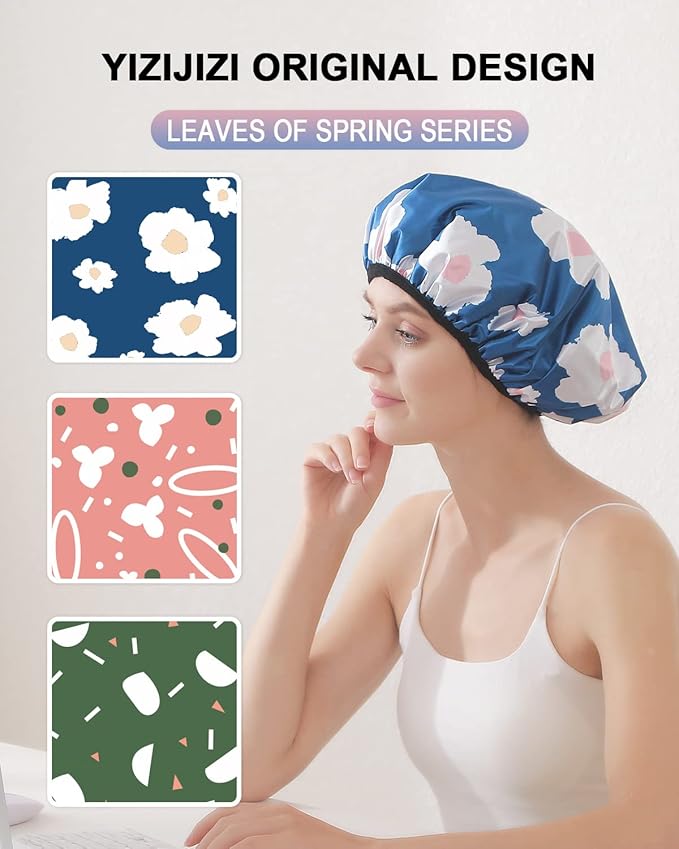 YIZIJIZI Terry Lined Shower Cap,Triple Layer Large Cap for Women,Shower Cap Reusable Waterproof,Long Thick Hair(Blue)